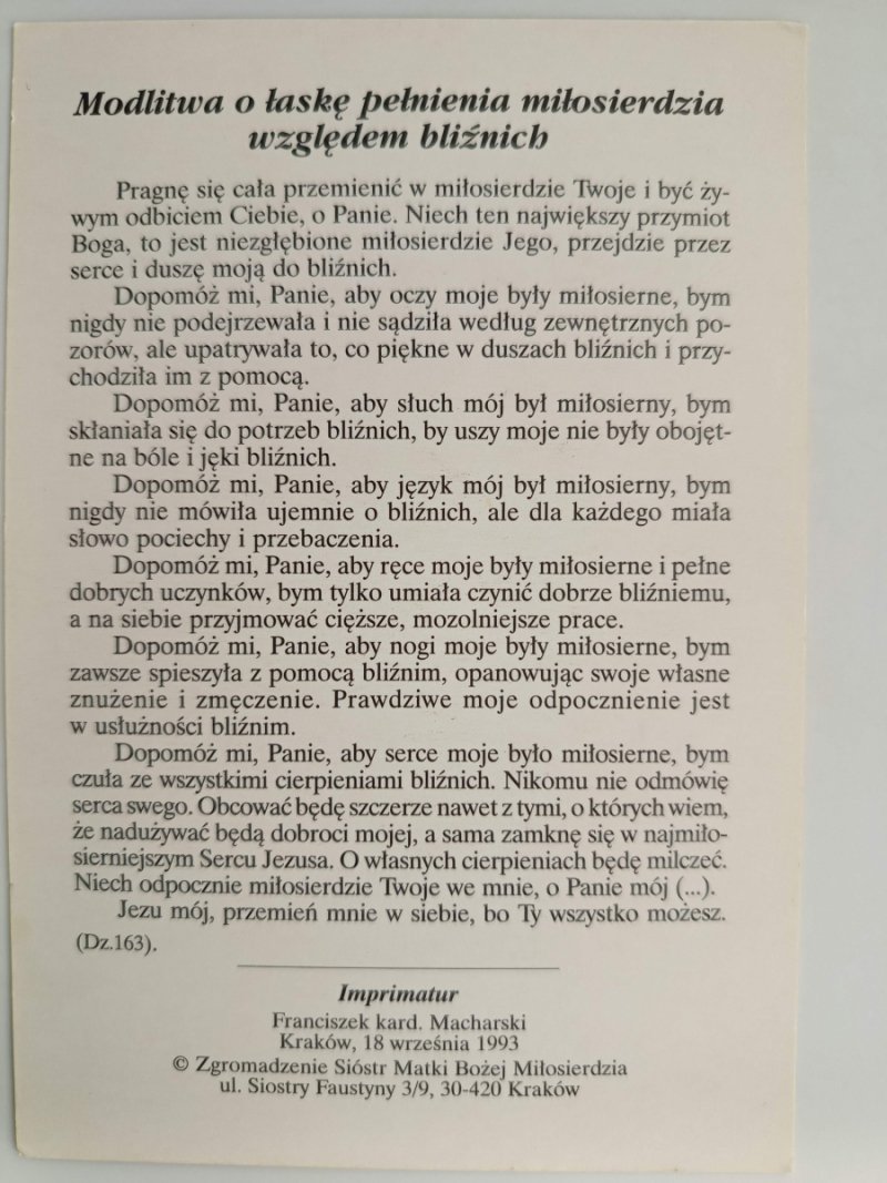MODLITWA O ŁASKĘ PEŁNIENIA MIŁOSIERDZIA
