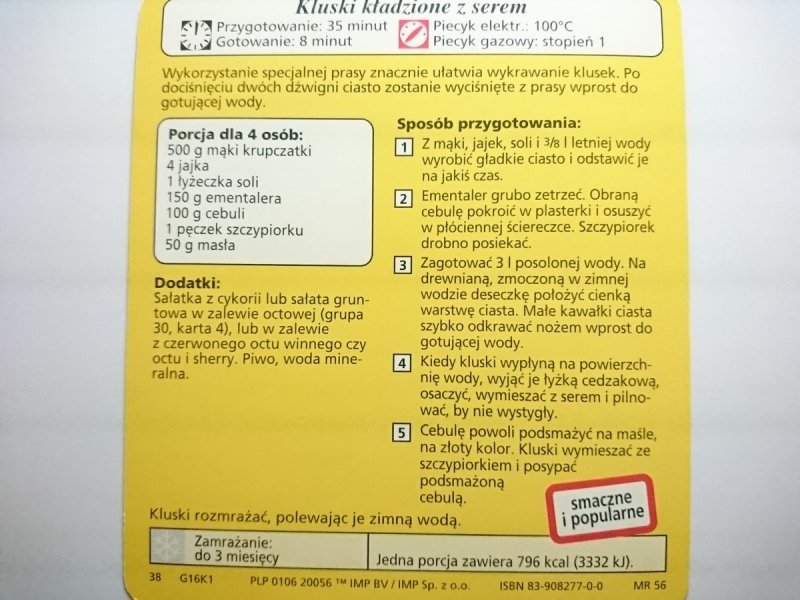 KARTA KULINARNA NR 1 KLUSKI KŁADZIONE Z SEREM