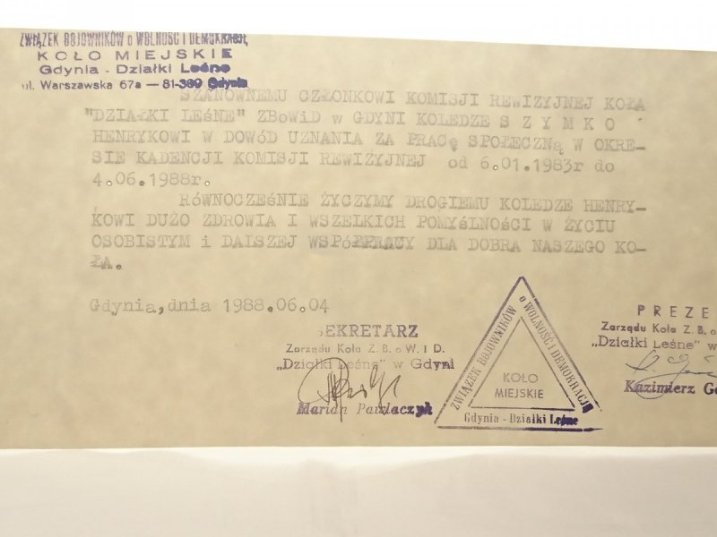 DRUK. DOWÓD UZNANIA I ŻYCZENIA DLA HENRYKA SZYMKO