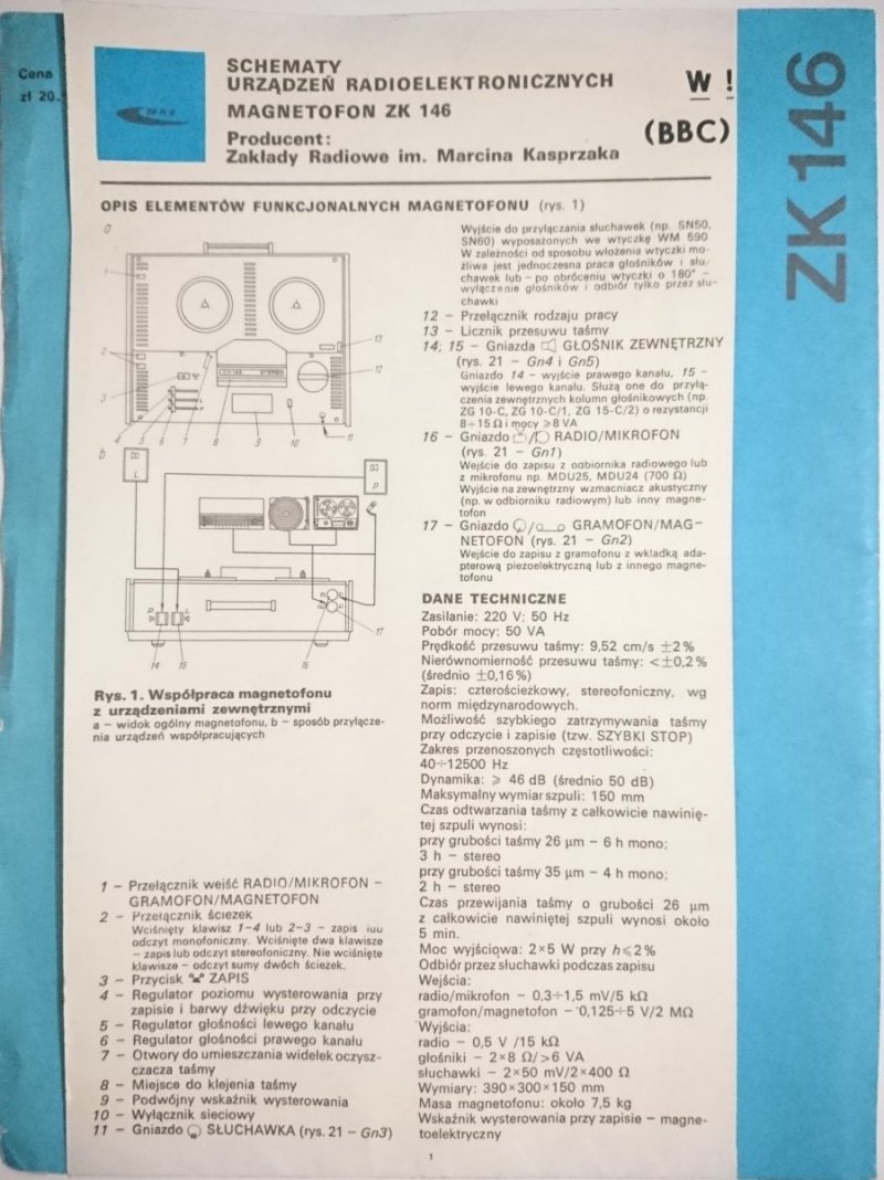 SCHEMATY URZĄDZEŃ RADIOELEKTRONICZNYCH. MAGNETOFON ZK 146 - ROZKŁADANA PLANSZA