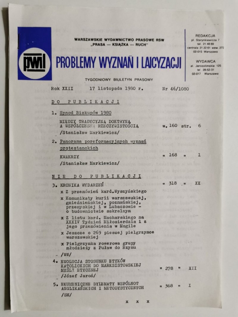 PROBLEMY WYZNAŃ I LAICYZACJI 17 LISTOPADA 1980r. Nr 46/1080  