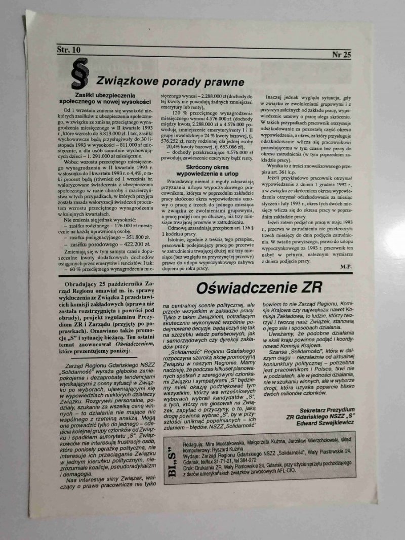 SOLIDARNOŚĆ NR 25/332 GDAŃSK PAŹDZIERNIK 1993