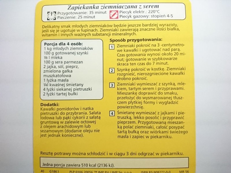 KARTA KULINARNA NR 1 ZAPIEKANKA ZIEMNIACZANA