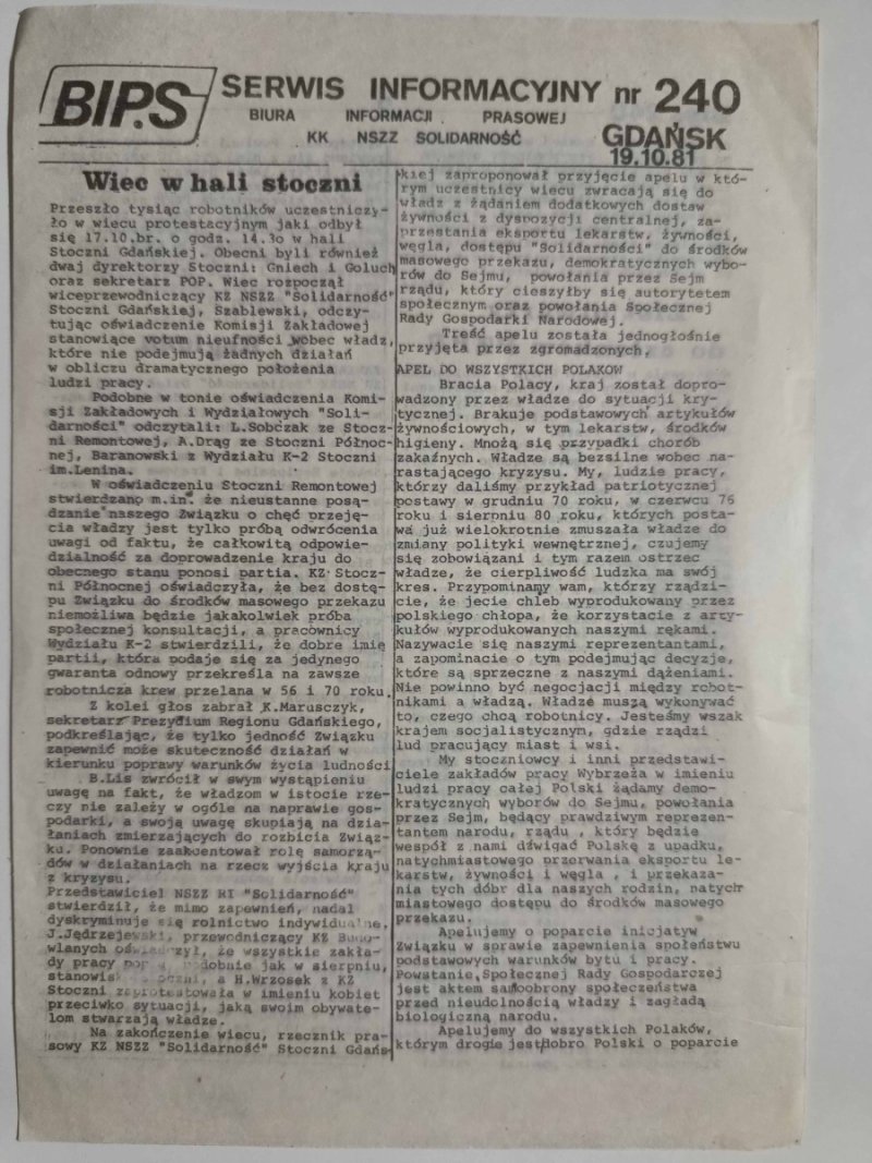 BIP.S SERWIS INFORMACYJNY NR 240 19.10.1982