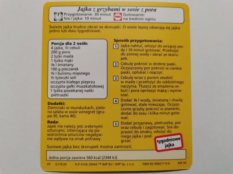 KARTA KULINARNA NR. 39 JAJKA Z GRZYBAMI W SOSIE Z PORA