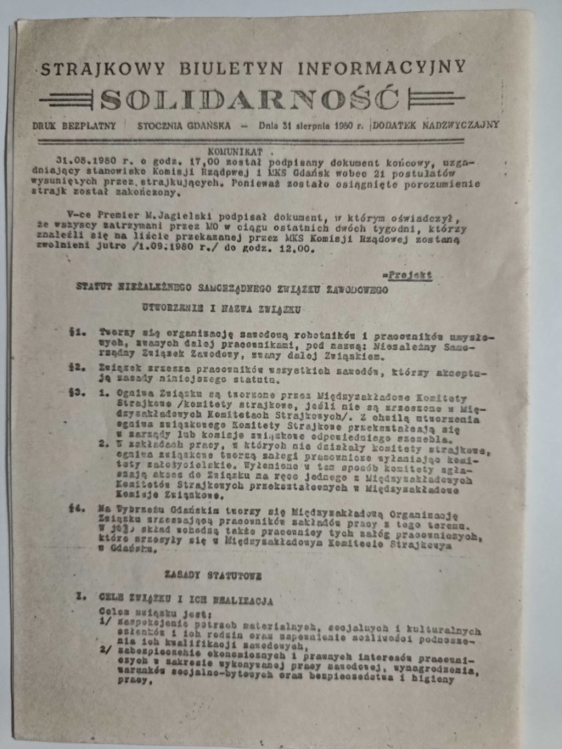 STRAJKOWY BIULETYN INFORMACYJNY SOLIDARNOŚĆ DODATEK NADZWYCZAJNY 31.08.1980