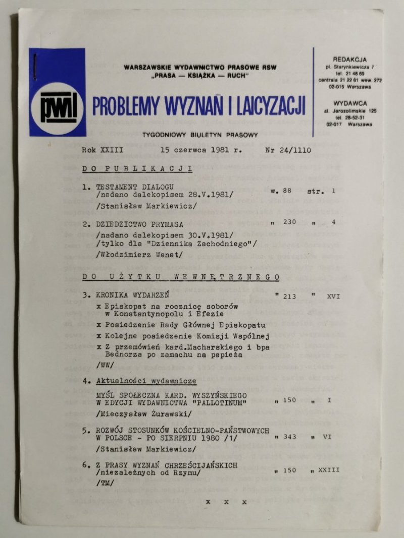 PROBLEMY WYZNAŃ I LAICYZACJI 15 CZERWCA 1981r. Nr 24/1110