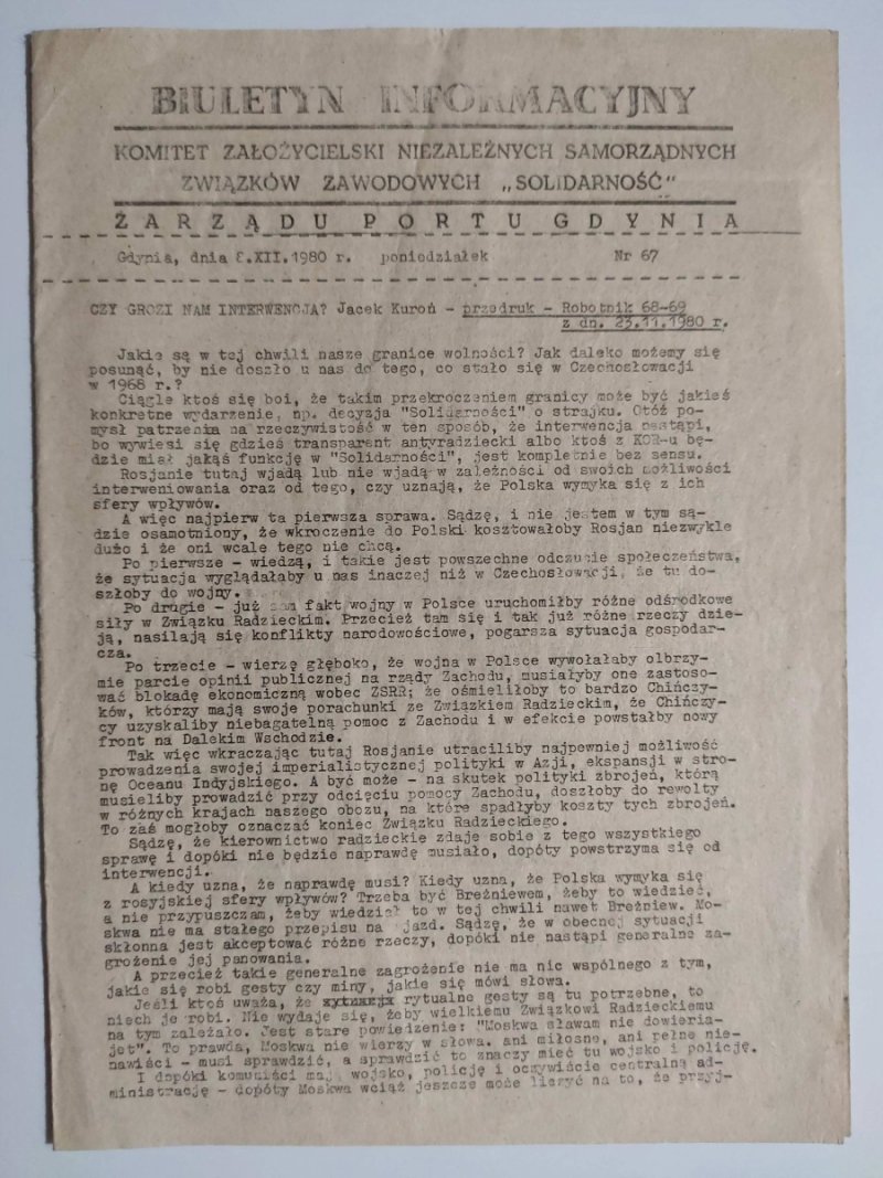 BIULETYN INFORMACYJNY ZARZĄDU PORTU GDYNIA NR 67 – 08.12.1980