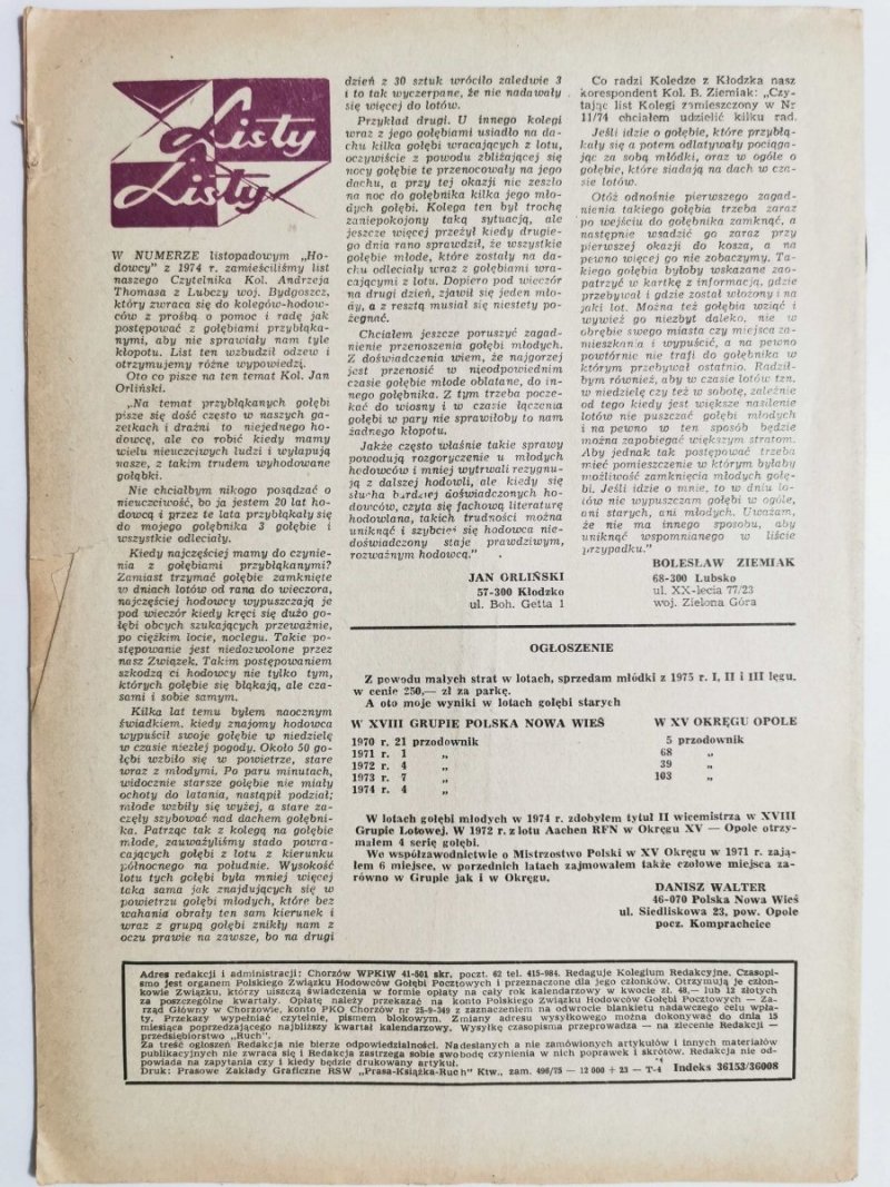 HODOWCA GOŁĘBI POCZTOWYCH NR 3 1975