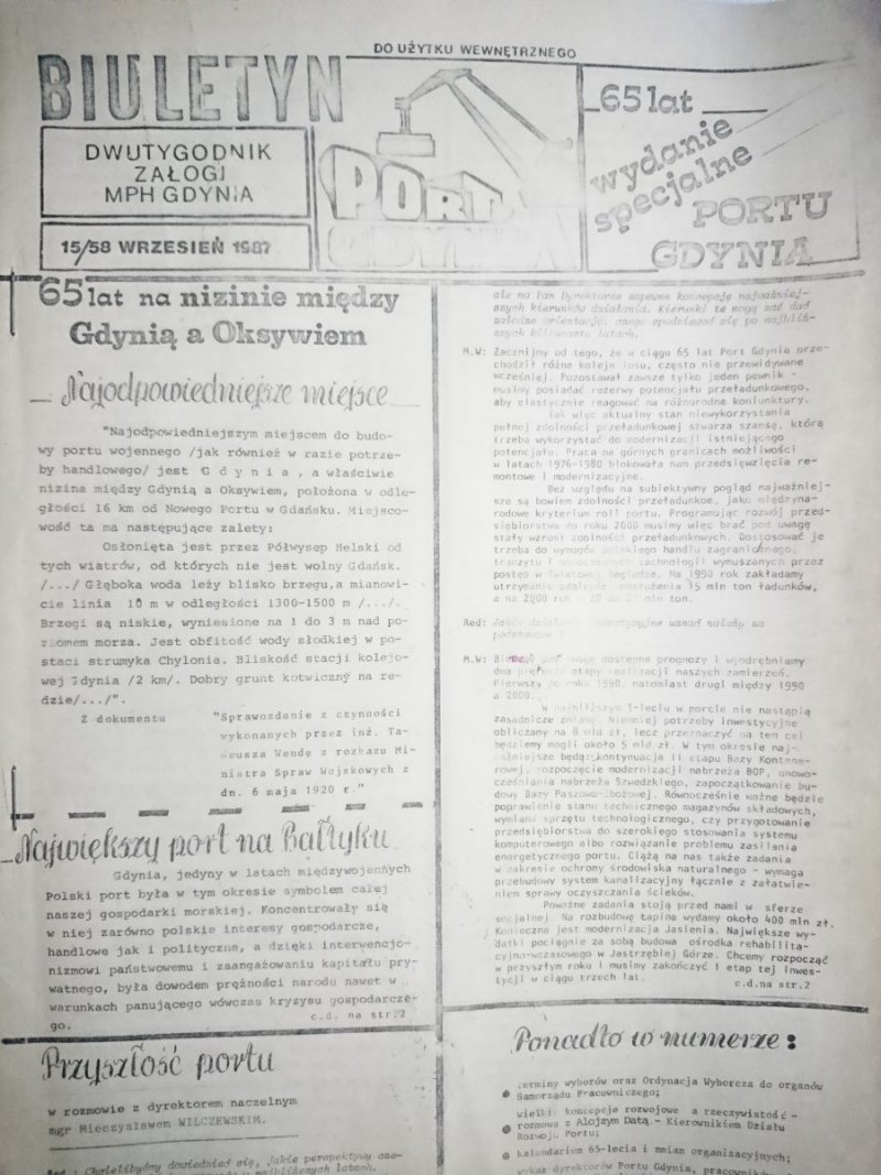 BIULETYN. DWUTYGODNIK ZAŁOGI MPH GDYNIA NR 15/58 WRZESIEŃ 1987