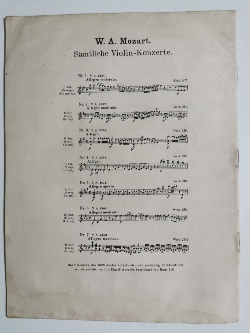 W. A. MOZART SAMTLICHE KONZERTE FUR VIOLINE UND PIANOFORTE 