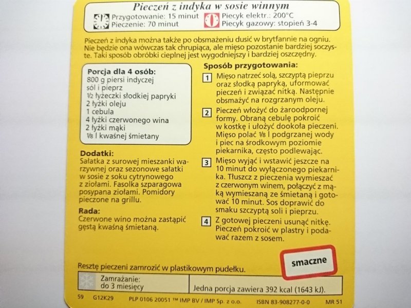 KARTA KULINARNA NR 29 PIECZEŃ Z INDYKA W SOSIE