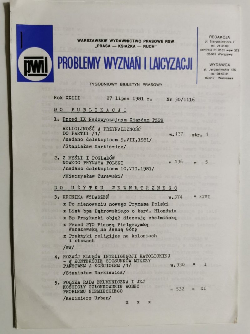 PROBLEMY WYZNAŃ I LAICYZACJI 27 LIPCA 1981r. Nr 30/1116