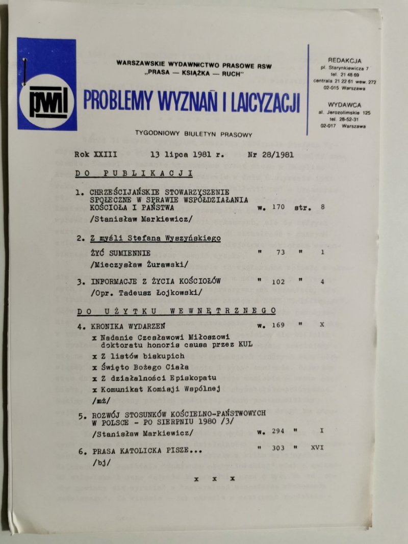 PROBLEMY WYZNAŃ I LAICYZACJI 13 LIPCA 1981r. Nr 28/1981