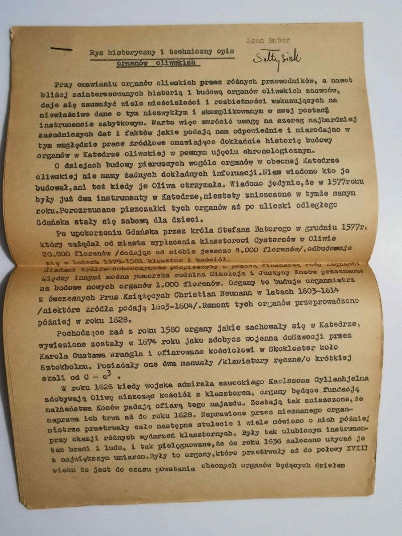 RYS HISTORYCZNY I TECHNICZNY OPIS ORGANÓW OLIWSKICH 