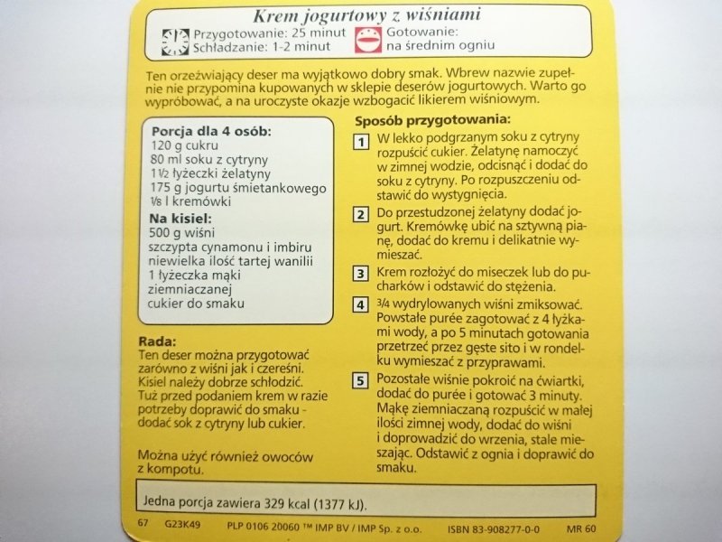 KARTA KULINARNA NR 49 KREM JOGURTOWY Z WIŚNIAMI