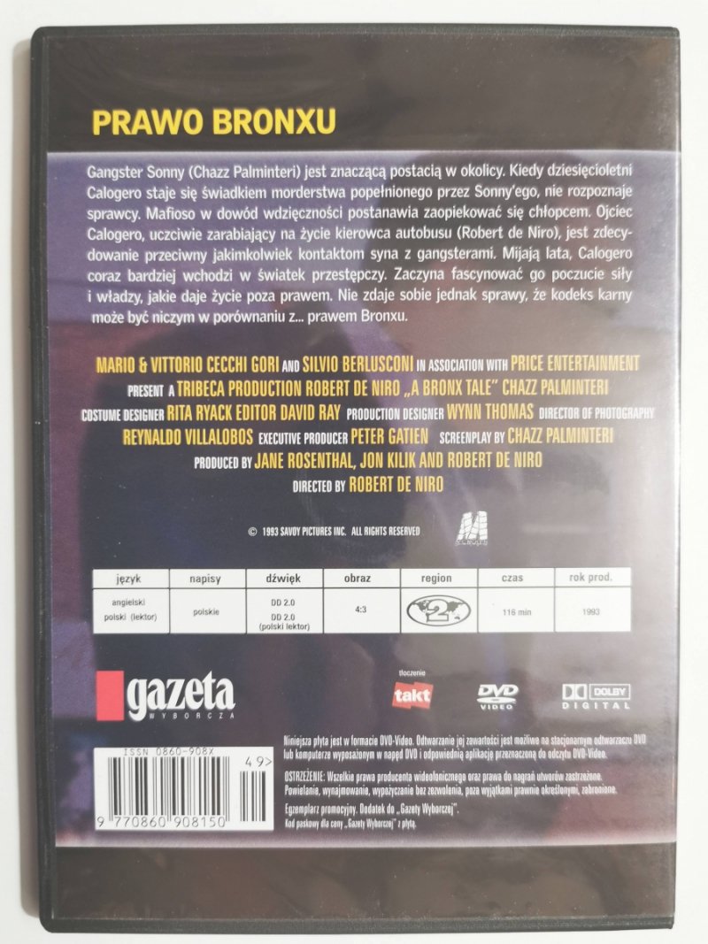 DVD. PRAWO BRONXU. REŻ. ROBERT DE NIRO