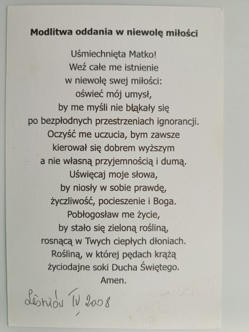 MODLITWA ODDANIA W NIEMOWLĘ MIŁOŚCI
