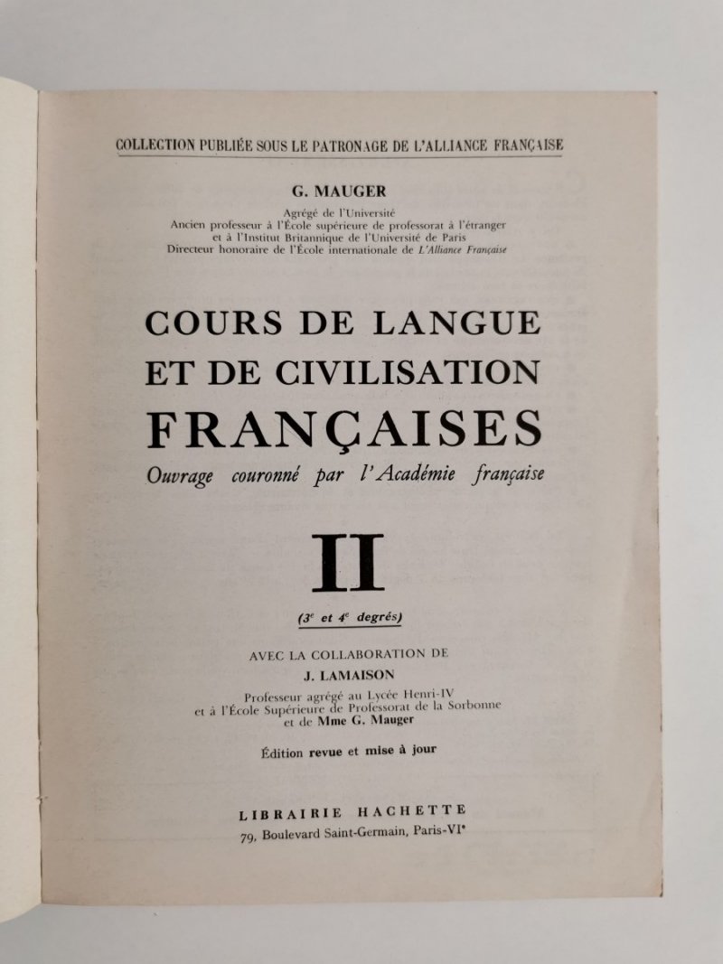 COURS DE LANGUE ET DE CIVILISATION FRANCAISES II 1955