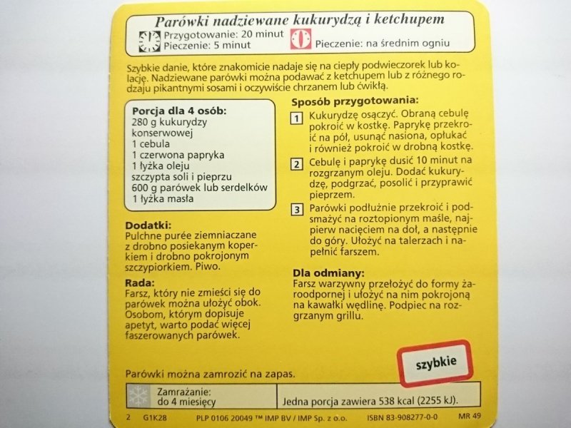 KARTA KULINARNA NR 28 PARÓWKI NADZIEWANE KUKURYDZĄ