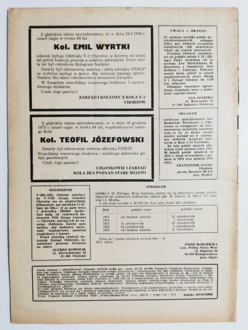 HODOWCA GOŁĘBI POCZTOWYCH NR 4 1976