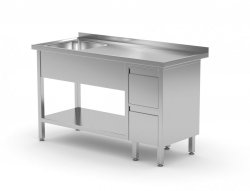 Stół ze zlewem, półką i szafką z dwiema szufladami - komora po lewej stronie 1500 x 600 x 850 mm POLGAST 215156-L 215156-L