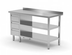 Stół przyścienny szafka z trzema szufladami i dwiema półkami - szuflady po lewej stronie 1200 x 600 x 850 mm POLGAST 125126-3-L/2 125126-3-L/2