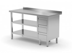 Stół przyścienny szafka z trzema szufladami i dwiema półkami - szuflady po prawej stronie 900 x 700 x 850 mm POLGAST 125097-3-P/2 125097-3-P/2