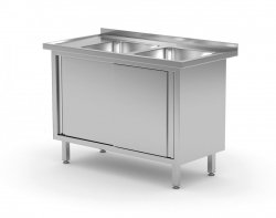 Stół z dwoma zlewami, szafka z drzwiami suwanymi - komory po prawej stronie 1400 x 600 x 850 mm POLGAST 227146-P 227146-P
