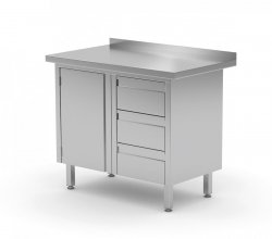 Stół przyścienny szafka z trzema szufladami i drzwiami na zawiasach - szuflady po prawej stronie 830 x 600 x 850 mm POLGAST 136086-3-P 136086-3-P
