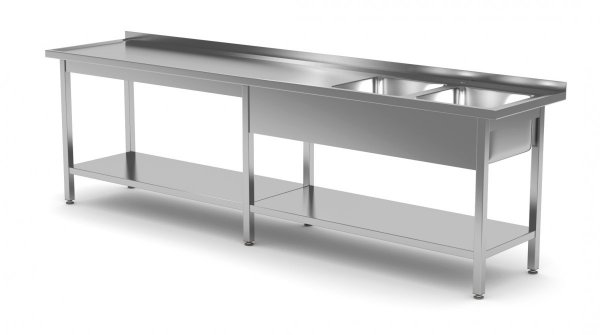 Stół z dwoma zlewami i półką wzmocniony - komory po prawej stronie 2200 x 600 x 850 mm POLGAST 222226-6-P 222226-6-P
