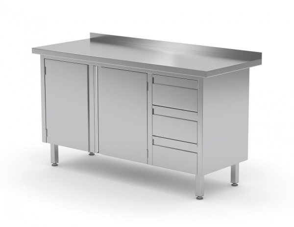 Stół przyścienny szafka z trzema szufladami i drzwiami na zawiasach - szuflady po prawej stronie 1300 x 700 x 850 mm POLGAST 137137-P 137137-P