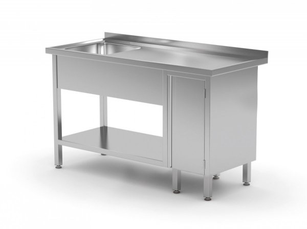 Stół ze zlewem, półką i szafką z drzwiami na zawiasach - komora po lewej stronie 1800 x 600 x 850 mm POLGAST 216186-L 216186-L
