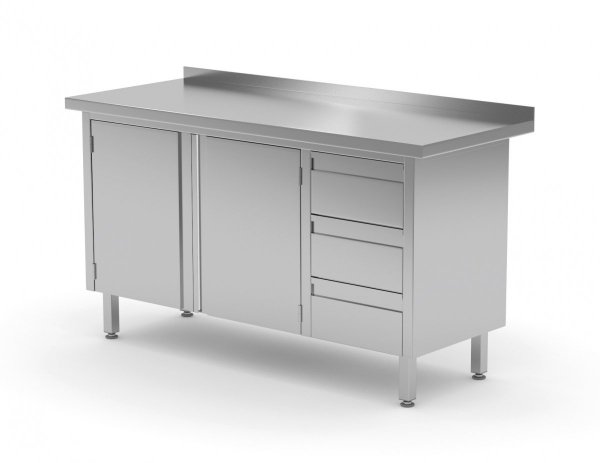 Stół przyścienny szafka z trzema szufladami i drzwiami na zawiasach - szuflady po prawej stronie 1500 x 700 x 850 mm POLGAST 137157-P 137157-P