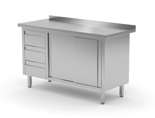 Stół przyścienny szafka z trzema szufladami i drzwiami suwanymi - szuflady po lewej stronie 1300 x 700 x 850 mm POLGAST 138137-L 138137-L