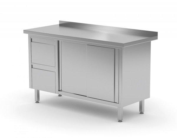 Stół przyścienny szafka z dwiema szufladami i drzwiami suwanymi - szuflady po lewej stronie 1300 x 600 x 850 mm POLGAST 130136-L 130136-L