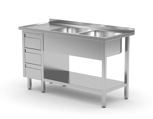 Stół z dwoma zlewami, półką i szafką z trzema szufladami - komory po prawej stronie 1400 x 700 x 850 mm POLGAST 225147-3-P 225147-3-P