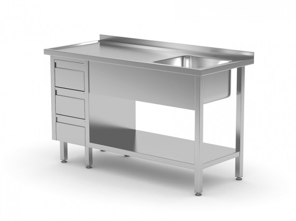 Stół ze zlewem, półką i szafką z trzema szufladami - komora po prawej stronie 1200 x 700 x 850 mm POLGAST 215127-3-P 215127-3-P