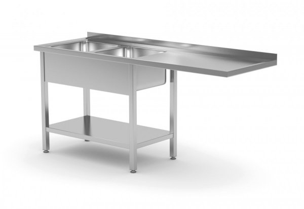 Stół z dwoma zlewami, półką i miejscem na zmywarkę lub lodówkę - komory po lewej stronie 2400 x 600 x 850 mm POLGAST 241246-L 241246-L