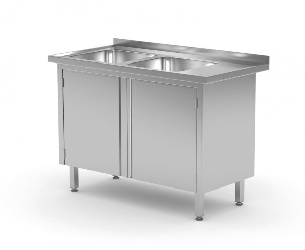 Stół z dwoma zlewami, szafka z drzwiami na zawiasach - komory po lewej stronie 1400 x 700 x 850 mm POLGAST 228147-L 228147-L