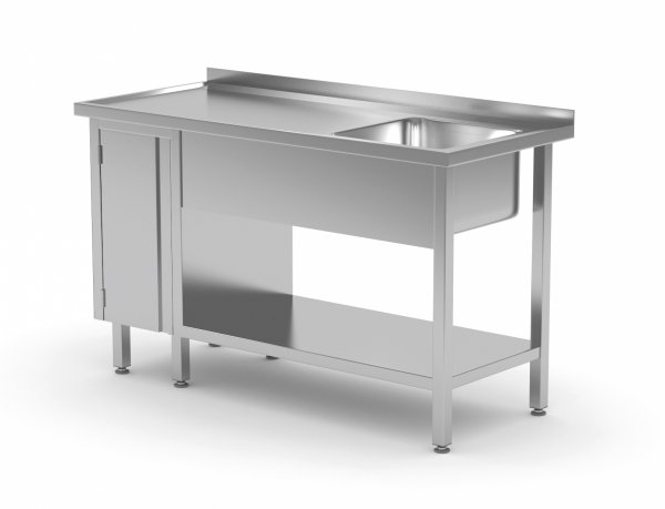 Stół ze zlewem, półką i szafką z drzwiami na zawiasach - komora po prawej stronie 1700 x 700 x 850 mm POLGAST 216177-P 216177-P