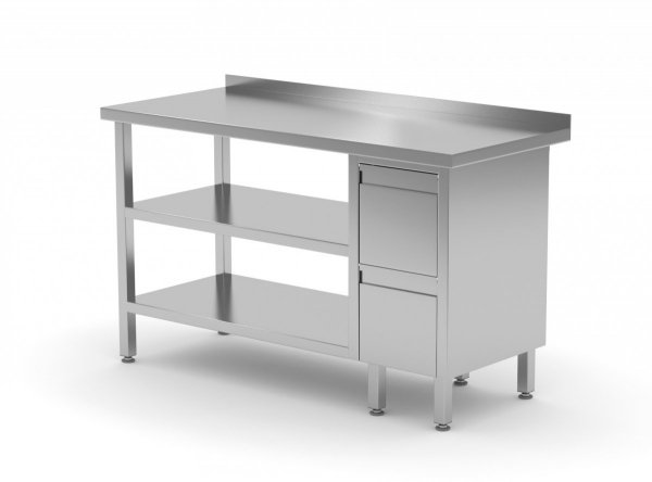 Stół przyścienny szafka z dwiema szufladami i dwiema półkami - szuflady po prawej stronie 1400 x 600 x 850 mm POLGAST 125146-P/2 125146-P/2