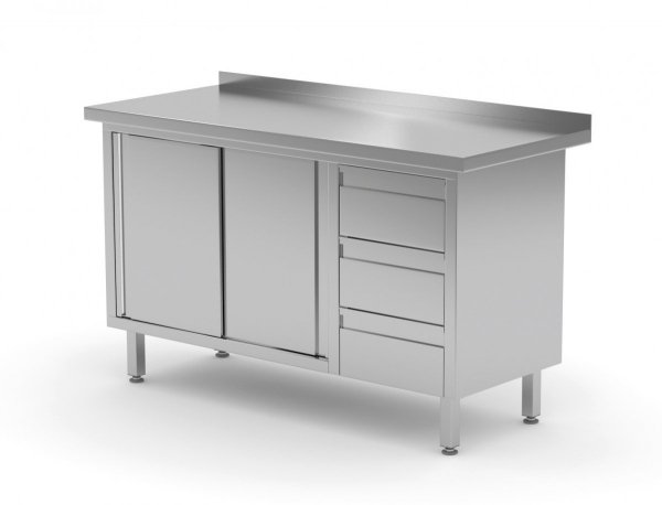 Stół przyścienny szafka z trzema szufladami i drzwiami suwanymi - szuflady po prawej stronie 1200 x 700 x 850 mm POLGAST 138127-P 138127-P