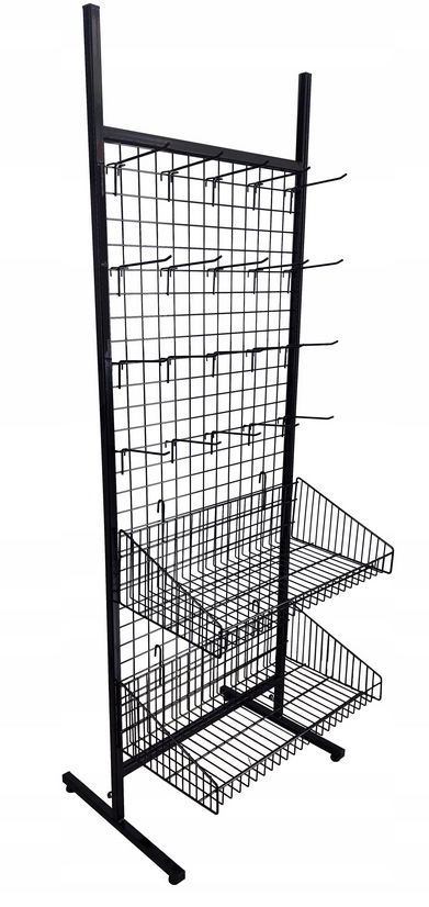 Stojak ekspozytor z 20 haczykami, 2 koszami - CZARNY