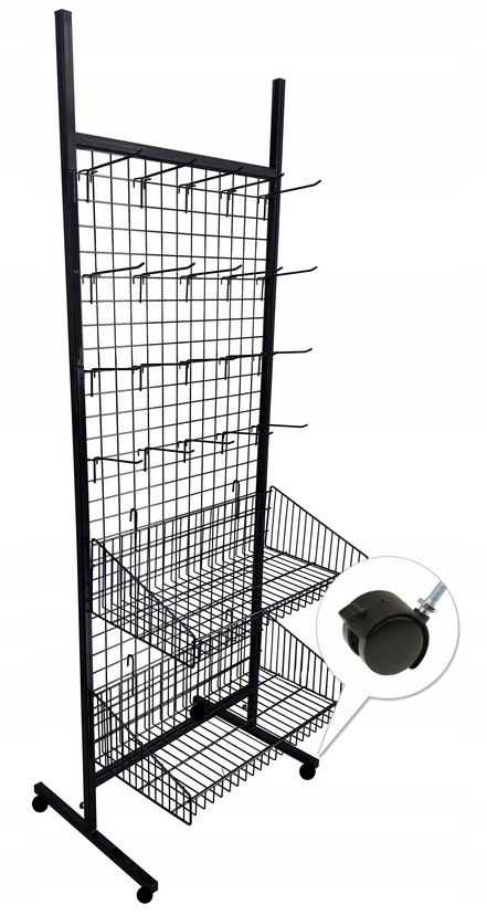 Stojak ekspozytor z 20 haczykami, 2 koszami - CZARNY + komplet 4 kół