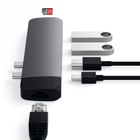 Satechi Type-C Pro Hub - aluminiowy Hub z podwójnym USB-C do MacBook (USB-C PD 87W, 2x USB-A, HDMI 4K, czytnik kart micro/SD, Gi