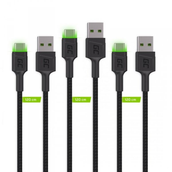 GREEN CELL ZESTAW KABLI KABGCSET02 3X KABEL GC RAY USB - USB-C 120CM, ZIELONY LED