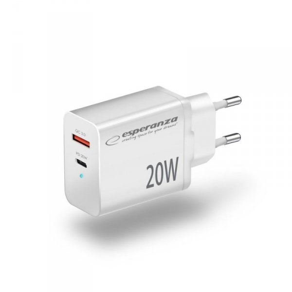 ESPERANZA ŁADOWARKA SIECIOWA 20W USB-C PD 20W / USB-A QC 3.0 18W BIAŁA EZC105W