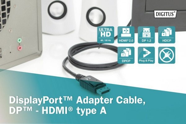 Digitus Kabel adapter DisplayPort 1.2 z zatrzaskiem 4K 60Hz UHD Typ DP/HDMI A M/M czarny 3m
