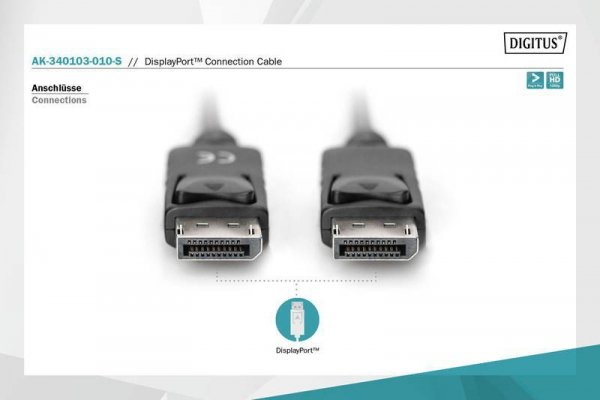 Digitus Kabel połączeniowy DisplayPort z zatrzaskami 1080p 60Hz FHD Typ DP/DP M/M czarny 1m